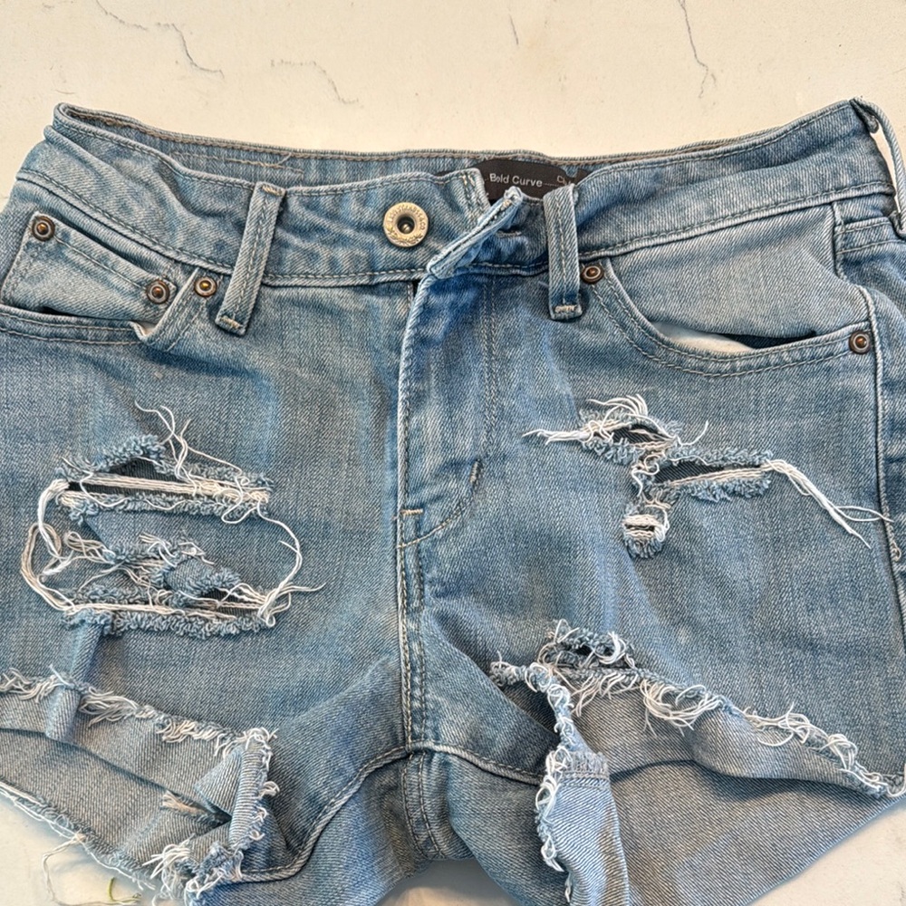 Levi's Blue Distressed Jean Shorts with Frayed Edges